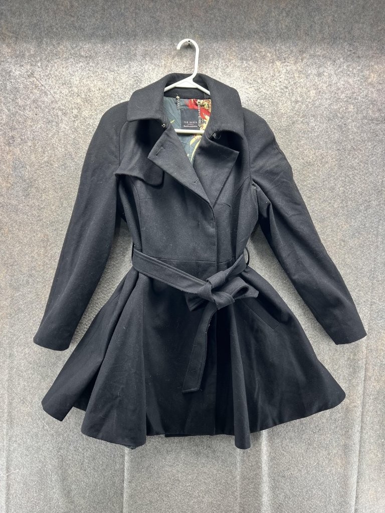 Ted Baker Coat Womens 4 Black Wool Belted Trench Fit And Flare Floral Lined
